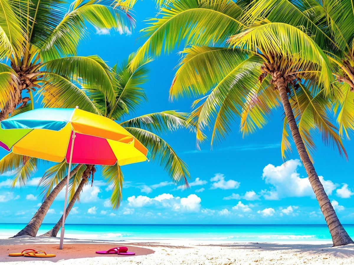 Plajă frumoasă cu umbrele colorate și palmieri.