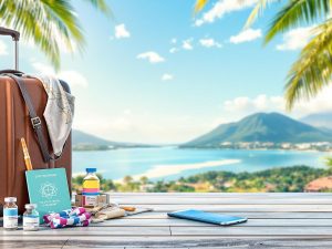 Valiză, pașaport de vaccinare și obiecte de călătorie.