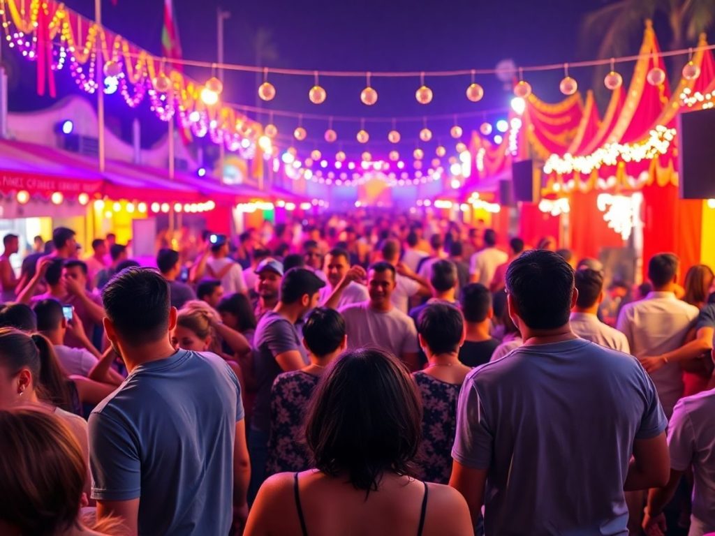 Oameni dansând la festivaluri colorate, în aer liber.