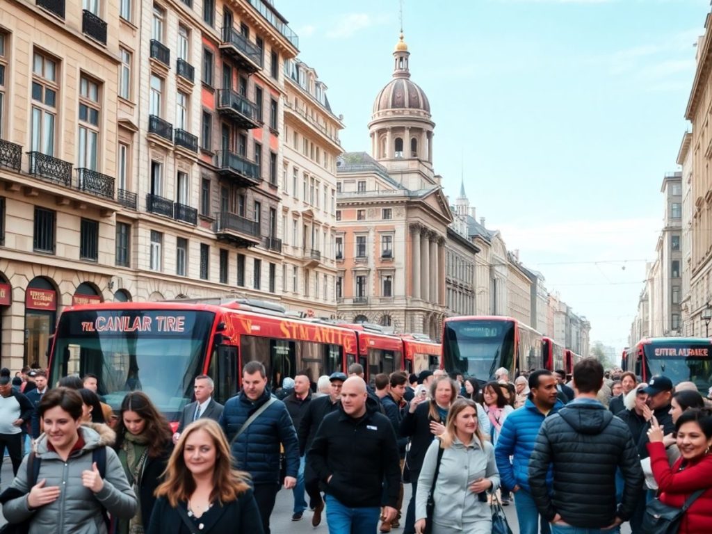 Oameni care se plimbă într-un oraș european aglomerat.
