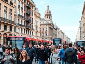 TourInfo 29 Oameni care se plimbă într-un oraș european aglomerat.
