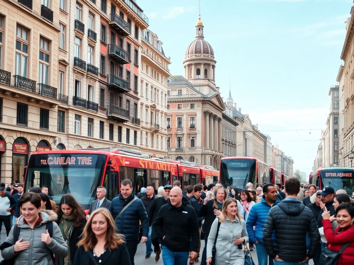TourInfo 9 Oameni care se plimbă într-un oraș european aglomerat.