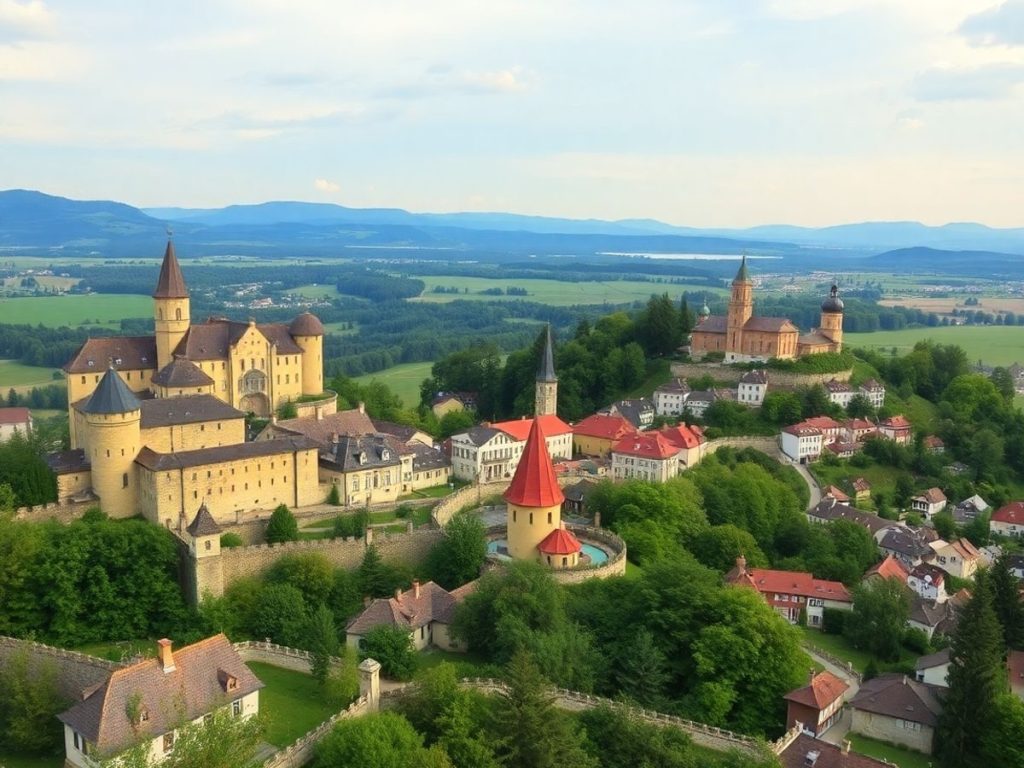 Peisaj cu castele și sate istorice din România.