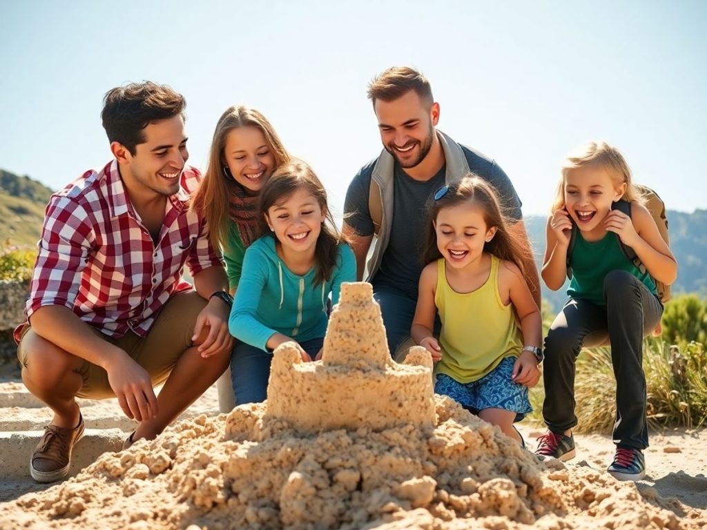 Familie fericită jucându-se împreună în vacanță.
