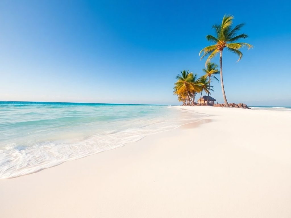 Plajă tropicală cu nisip alb, apă turcoaz