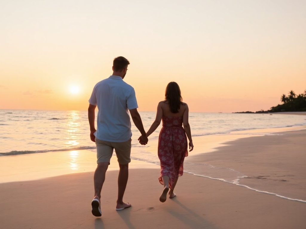 Cuplu romantic admirând apusul pe o plajă