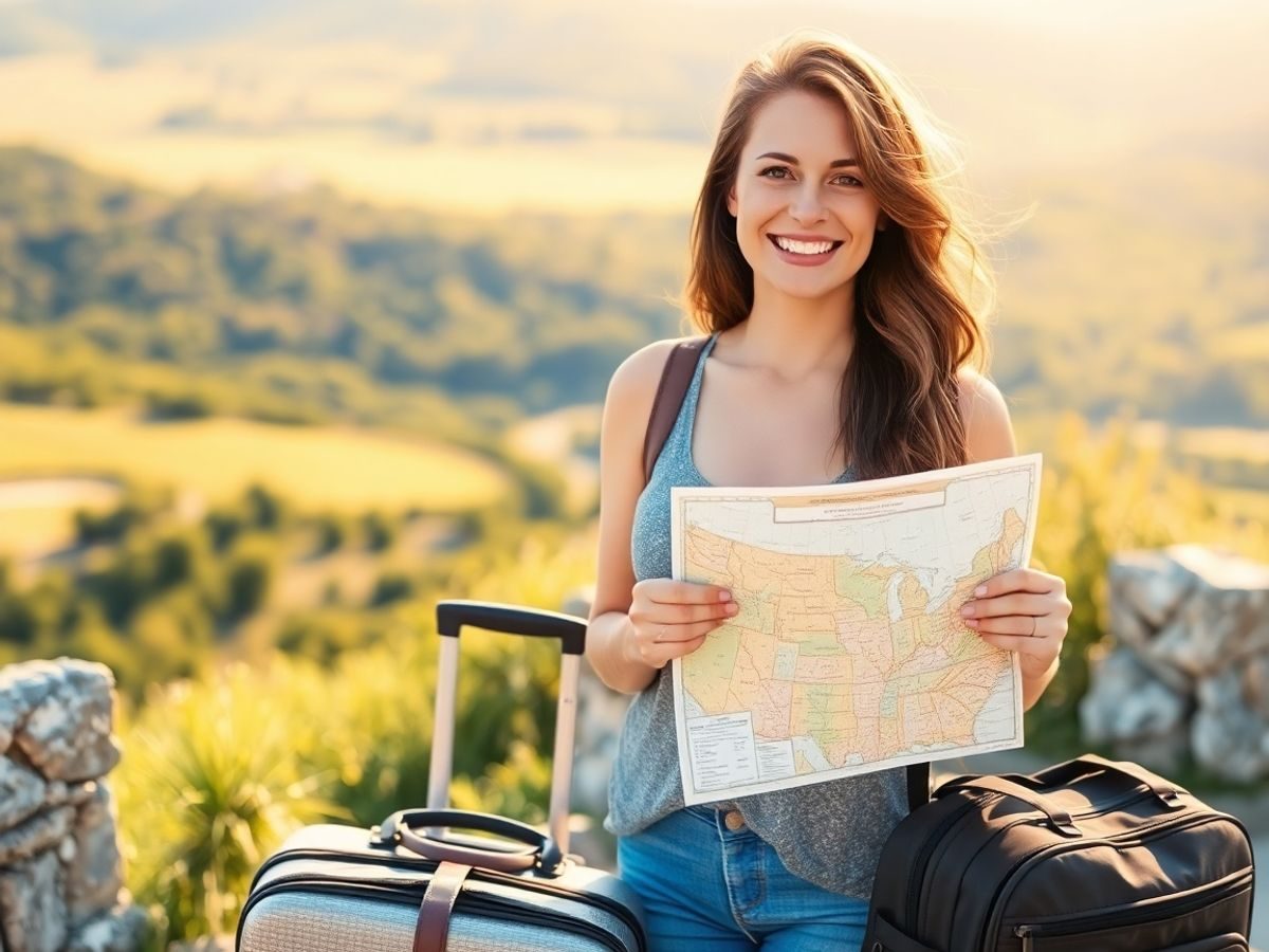 Femeie zâmbind cu o valiză pregătită pentru călătorie.