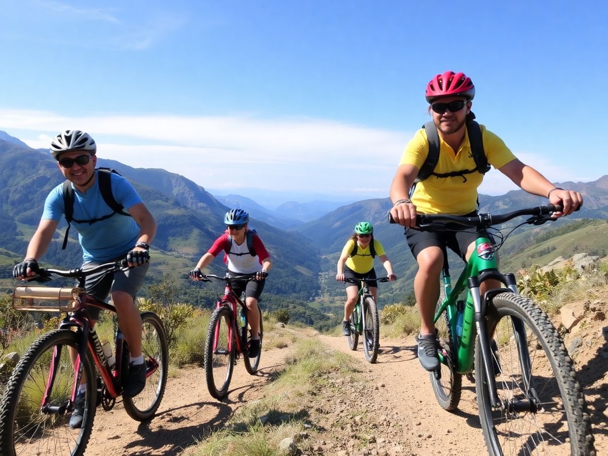 Oameni pe biciclete de munte pe un traseu pitoresc.