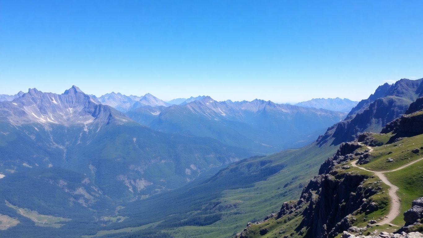 Munți înalți cu poteci pentru exploratori.