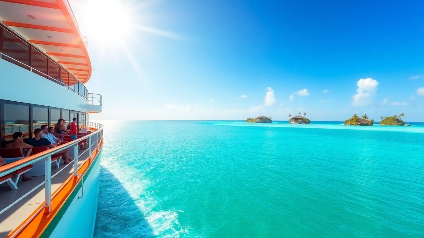 Navă de croazieră pe ape albastre, cu insule tropicale.