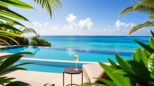 Piscină infinită luxoasă cu vedere la ocean și vilă privată.